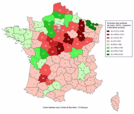 Evolution des surfaces colza (en ha) par département.