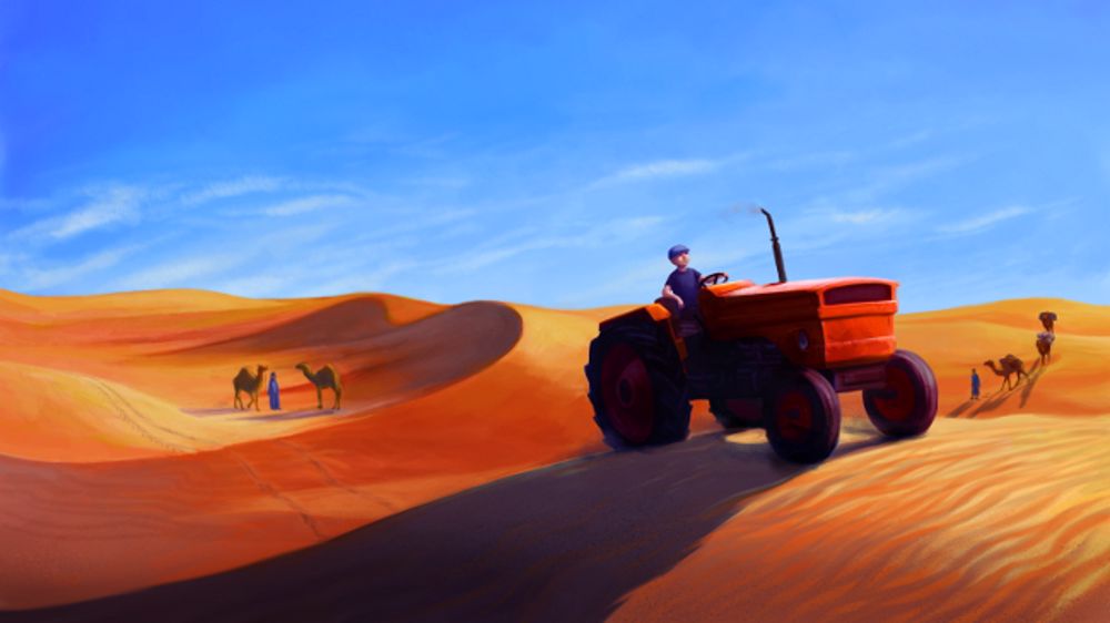 Un tracteur et des dromadaires Un tracteur et des dromadaires