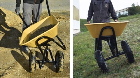 La brouette Reverso permet le déversement latéral ou bien la circulation sur une pente. La brouette Reverso permet le déversement latéral ou bien la circulation sur une pente.