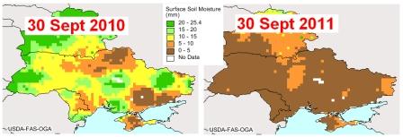 Etat hydrique de du sol en surface au 30 septembre 2011 et 2010. Cliquer pour agrandir.