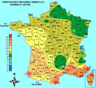 Carte des températures moyennes annuelles normales 1951/1980 en France