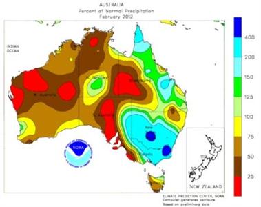Niveau des précipitations par rapport à la normale (100) en Australie.