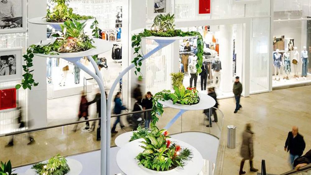 L'Observatoire du shopping révèle le besoin exprimé par le plus grand nombre de disposer de végétaux dans les centres commerciaux. Certains ont déjà franchi le pas, comme cette réalisation récente en Allemagne (Diner's Tree, centre commercial Minto, Mönchengladbach), avec un travail du plasticien français Alexis Tricoire.PHOTO : MARC DUTRIAUX - STUDIO ALEXIS TRICOIRE L'Observatoire du shopping révèle le besoin exprimé par le plus grand nombre de disposer de végétaux dans les centres commerciaux. Certains ont déjà franchi le pas, comme cette réalisation récente en Allemagne (Diner's Tree, centre commercial Minto, Mönchengladbach), avec un travail du plasticien français Alexis Tricoire.PHOTO : MARC DUTRIAUX - STUDIO ALEXIS TRICOIRE