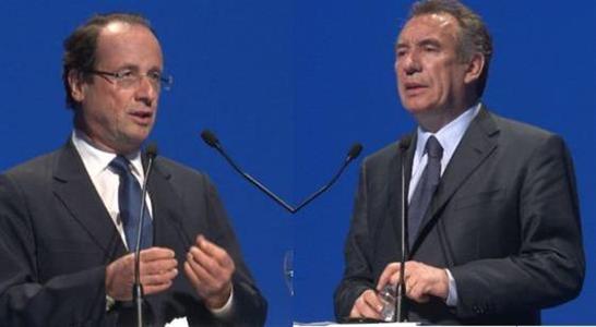 François Bayrou, l'ex-candidat du Modem (à droite), a indiqué, jeudi 3 mai 2012, qu'il voterait pour François Hollande au second tour, à titre personnel. Sans toutefois donner de consigne de vote aux électeurs qui ont voté pour lui, le président du Modem donne un signal fort. Sur les questions agricoles, les points de vue du Modem et du PS sont souvent convergents.