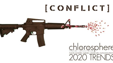 Sur la couverture de son nouveau cahier de tendances, Chlorosphère a voulu la créativité issue du conflit. Du fusil d'assaut naît une gerbe de fleurs qui métamorphose l'arme.Chlorosphère