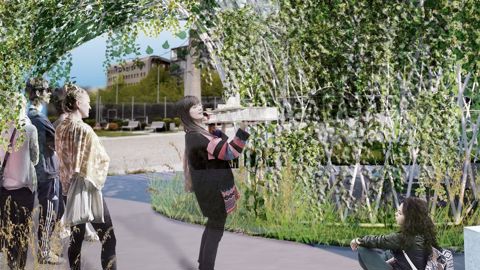 Le parvis de l'École des Ponts ParisTech servira de démonstrateur végétalisé au projet Urban Canopée.IMAGE DE SYNTHÈSE : ENPC