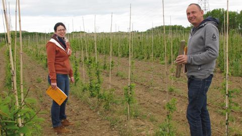      Stéphane Salmon, dirigeant de Végétal Services, ici accompagné de Céline Morin, du service commercial. En 2017, la pépinière s'est diversifiée dans la production de baliveaux forestiers issus de semis.