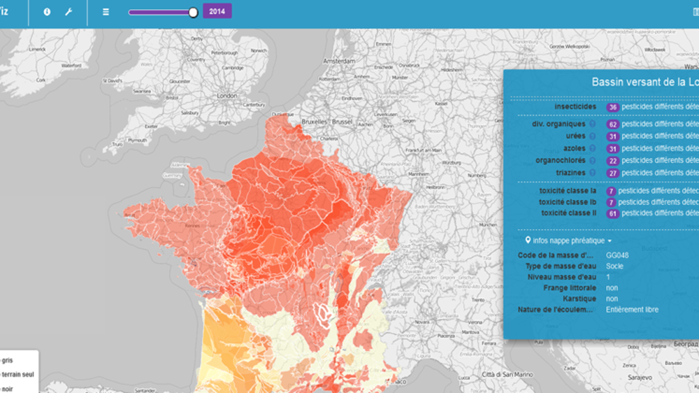 Carte du nombre de substances actives modérément toxiques détectées dans les eaux souterraines en 2014, avec précisions pour le bassin-versant de la Loire forézienne.