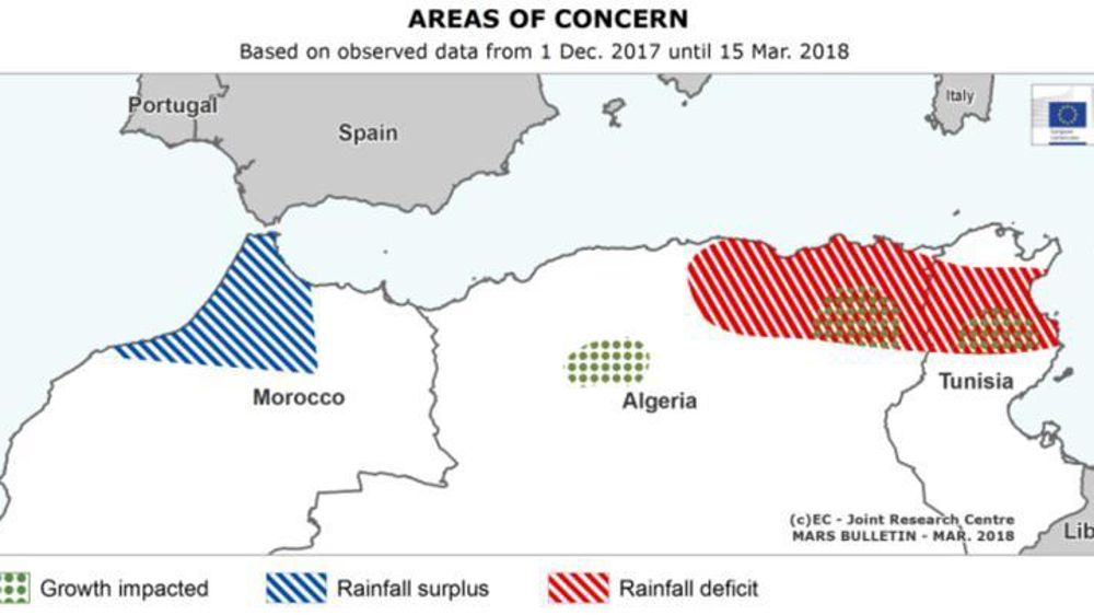 Zones d’inquiétude. Points verts : impact sur la croissance. Rayures bleues : surplus de pluie. Rayures rouges : déficit de pluie.