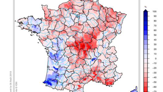 Écart pondéré à la normale de l’indice d’humidité des sols au 7 août 2019. © Météo-France Écart pondéré à la normale de l’indice d’humidité des sols au 7 août 2019. © Météo-France
