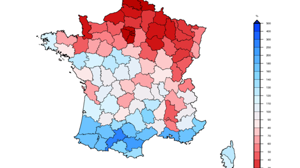 Rapport à la normale des cumuls mensuels de précipitations agrégées pour le mois de juillet 2018. Source : Météo-France