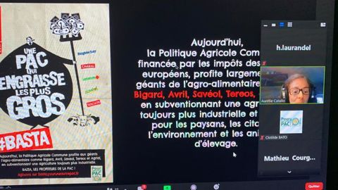 Conférence de presse, mardi 12 janvier, autour de la campagne Basta, de « Pour une autre Pac », avec Aurélie Catallo, coordinatrice de cette plateforme de 44 organisations, accompagnée par Mathieu Courgeau, son président, et Clotilde Bato, coordinatrice de la campagne. © H. LAURANDEL.