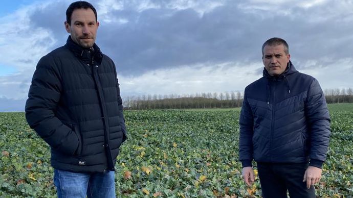 Nicolas Charpentier, directeur commercial des Ets Charpentier (à g.), et Olivier Pécourt, agriculteur dans la Somme, le 1er décembre, à Beauquesne, ont présenté l’utilisation d’une solution de biocontrôle de BASF appliquée sur semences de colza. © VERT L’AVENIR