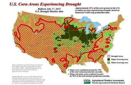 Peu d'états américains épargnés par la sécheresse (limites tracées en rouge).