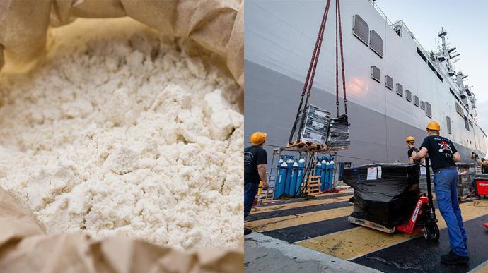 Les chargements de farine ont été effectués à bord du porte-hélicoptères Le Tonnerre, basé au port de Toulon.