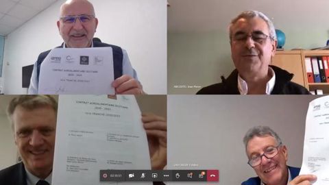 De gauche à droite, de haut en bas : Pierre Méliet, président de l’Area Occitanie, Jean-Pierre Arcoutel, président de La Coopération agricole Occitanie, Florent Gulh, Draaf d’Occitanie et Jean-Louis Cazaubon, vice-président du conseil régional d’Occitanie.