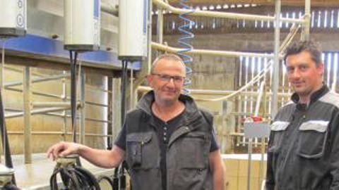 Symptômes. Montées cellulaires et animaux nerveux à la traite : ce sont les deux réactions des vaches de Joël Delonglée (à gauche) aux courants parasites qui traversaient les stalles des 2 x 8 postes en traite arrière. Une situation que son salarié, Alexandre Bellier, et lui ont mal vécue. c.h.