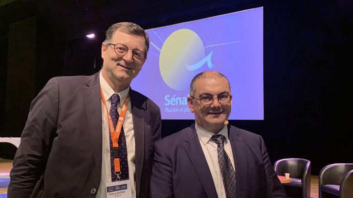 Thierry Dupont, président de Sénalia Union, et Gilles Kindelberger, directeur général du groupe Sénalia, lors de la réunion d'information du groupe, le vendredi 6 janvier à Paris.