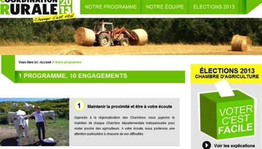 Page d'accueil du site de campagne de la CR pour les Elections Chambres d'agriculture 2013;