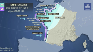Le passage de la tempête Ciaran a occasionné de fortes rafales de vent, avec des records absolus à plus de 200 km/h. Le passage de la tempête Ciaran a occasionné de fortes rafales de vent, avec des records absolus à plus de 200 km/h.