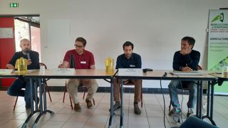Benoit Méot, producteur en Côte-d’Or, Maxime Haran de BIO Bourgogne-Franche-Comté, Paul Getti, de Moulin Marion, et Guillaume Conseil, président de la coopérative Cocebi (de gauche à droite). Benoit Méot, producteur en Côte-d’Or, Maxime Haran de BIO Bourgogne-Franche-Comté, Paul Getti, de Moulin Marion, et Guillaume Conseil, président de la coopérative Cocebi (de gauche à droite).