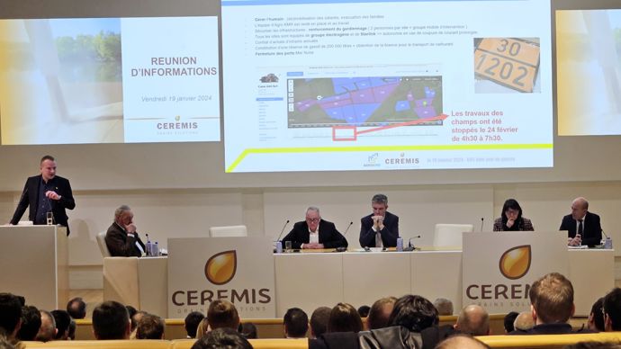 De gauche à droite : Clément Coussens, DG d'Agro KMR, Jean-Philippe Everling, consultant, Jean-François Lépy, DG de Soufflet Négoce by InVivo, Guillaume Van de Velde, DG de Ceremis, Agnès Duwer, présidente du directoire, et Christophe Grison, président du conseil de surveillance.