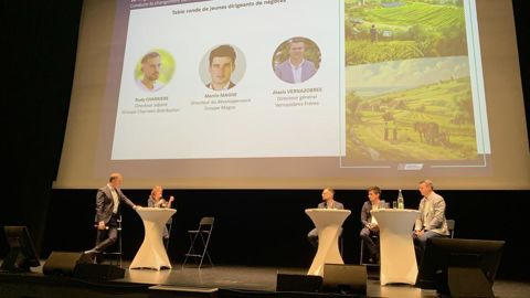 De gauche à droite, Pierre Compère, animateur, Florence Melou, experte RH et formatrice pour TBS, Rudy Charrière, directeur adjoint du groupe Charrière Distribution, Martin Magne, directeur du développement du groupe Magne, et Alexis Vernazobres, DG de Vernazobres Frères.