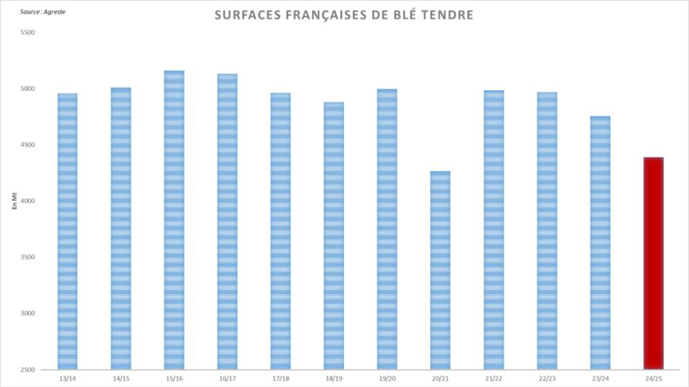 Agreste annonce une chute des surfaces françaises de blé tendre.