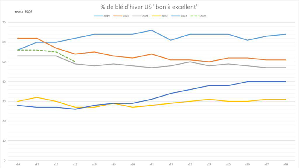 Les notations de blé d'hiver se dégradent nettement aux États-Unis. Les notations de blé d'hiver se dégradent nettement aux États-Unis.