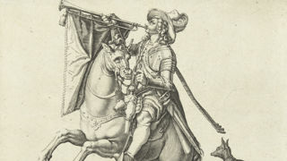 Le trompette était un cavalier désigné pour exécuter des sonneries militaires. Gravure de Jacques de Gheyn, 1640. Le trompette était un cavalier désigné pour exécuter des sonneries militaires. Gravure de Jacques de Gheyn, 1640.