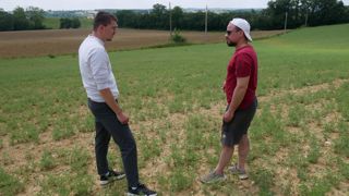 Fabien Barailhe (à droite) a implanté cette année 16 hectares de pois chiche, une culture porteuse, sur les conseils de Romain Aubert, technico-commercial à la coop Agri Bio.