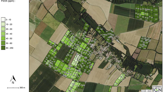 A l'aide de cette carte de teneurs en phosphore, l’agriculteur pourra redresser les zones carencées, compenser les exportations dans les zones qui ont atteint les teneurs cibles et décapitaliser dans les zones excédentaires.