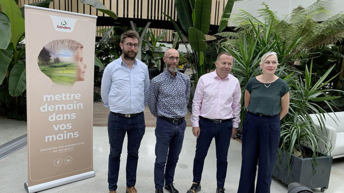 De gauche à droite, mardi 2 juillet, au siège de Sanders, à Bruz (Ille-et-Vilaine), Jean-Côme Lagrée, directeur de la zone ouest, Loïc Gandubert, directeur supply chain, Philippe Manry, DG, et Sophie Thouenon, directrice RSE et nutrition protéinée.