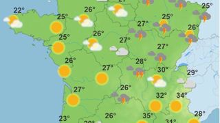 Les températures sont encore très élevées dans le Sud-Est, et de forts orages attendent le Nord-Est et le Massif central (carte du 2 août 2024).