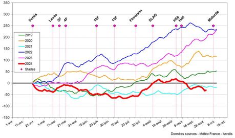 Ecarts cumulés de sommes de températures (base 6-30°) – semis du 20 avril 2024 à Orléans-Bricy (Loiret)