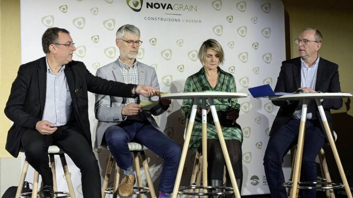 Dernière assemblée générale pour David Totel (à dr.), directeur général depuis six ans, qui quittera Novagrain fin février pour de nouveaux challenges. De gauche à droite : Benoît Piétrement (président), Jean-Paul Vinot (vice-président) et Isabelle Bottino (directrice adjointe).