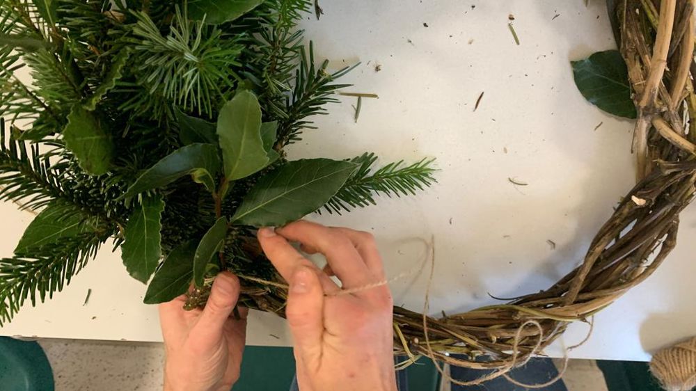 Sur le cercle réalisé en lianes de clématite, fixez les rameaux de sapin, puis de laurier avec de la ficelle.