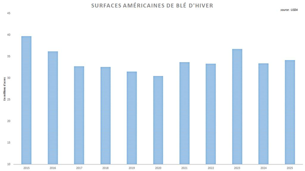L'USDA a annoncé un rebond des surfaces américaines de blé d'hiver.