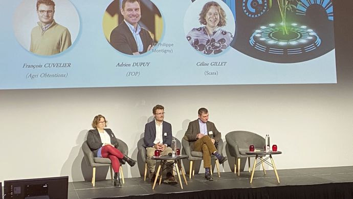 De gauche à droite : Céline Gillet, directrice générale de la Scara, François Cuvelier, directeur commercial chez Agri Obtentions, et Adrien Dupuy, administrateur à la Fop, lors d'une table ronde sur les protéagineux, jeudi 6 février, à Paris.