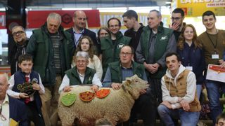 Le Gaec des Archers présentant son prix de championnat mâle est entouré par les exploitants en compétition au Salon de l'agriculture, le 23 février 2025.