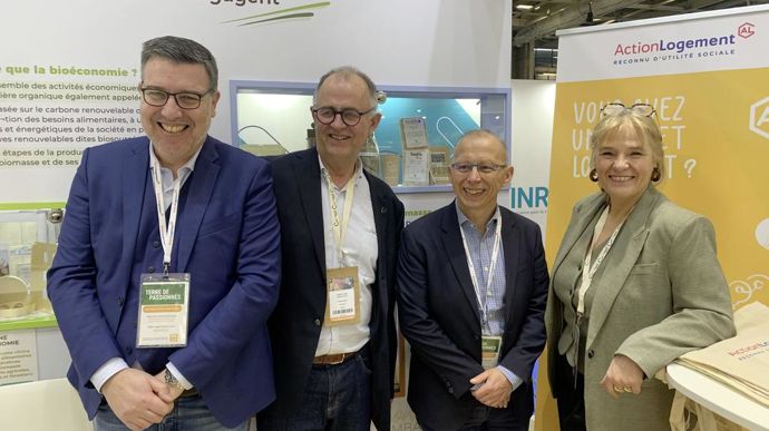 Philippe Coste, responsable du développement du secteur agricole chez Action Logement, Patrick Tétard, élu référent sur les affaires sociales à LCA, Bertrand Fourneraut, chargé des relations avec les entreprises pour Action Logement en Île-de-France, et Corinne Lelong, directrice des affaires sociales de LCA, jeudi 27 février, au Sia.