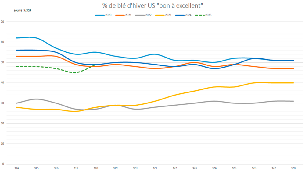 Les notations de blé d'hiver aux États-Unis s'améliorent rapidement.
