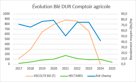 Les surfaces tonnages et rendements en blé dur du Comptoir agricole