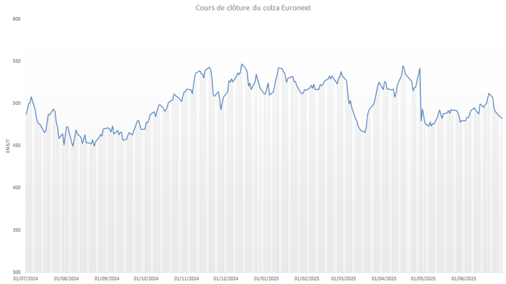 Cours de clôture du colza Euronext sur le contrat rapproché.