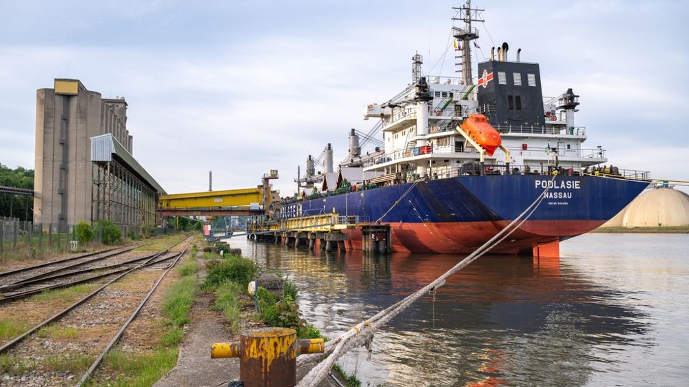 Port de Rouen silo Sénalia-Lecureur. Cargo à quai en attente de chargement de céréales