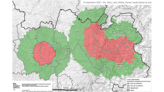 Carte des zones réglementées mise en place après l'apparition de foyers de dermatose nodulaire contagieuse (DNC) en France. Carte des zones réglementées mise en place après l'apparition de foyers de dermatose nodulaire contagieuse (DNC) en France.
