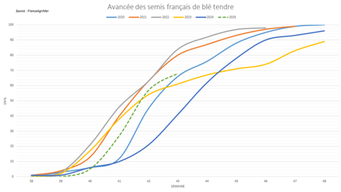 La progression des semis de blé tendre est désormais ralentie par les pluies.