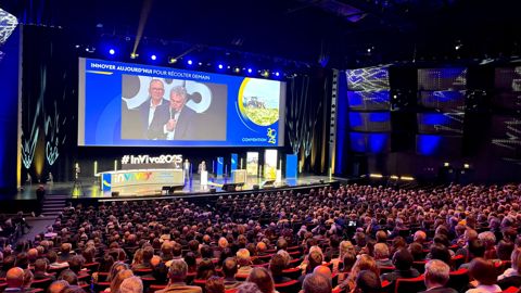 Jérôme Calleau, président, et Thierry Blandinières, DG, à l'occasion de la convention annuelle d'InVivo qui a réuni 1 700 participants, mercredi 17 décembre, à Paris.