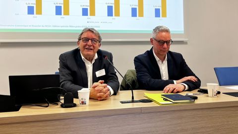 François Macé, président de la section économique et financière du HCCA, et Antoine Hacard, président de La Coopération agricole Métiers du grain, ont présenté les résultats comptables 2024 des coopératives de la filière grains, vendredi 6 février, à Paris.