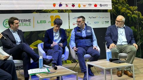 Félix Bonduelle, DG de Javelot, Julien Denormandie, directeur de l'impact chez Sweep, Guillaume Nanot, directeur de la transformation et du digital chez Soufflet agriculture, et Yves Picquet, président de Bayer France, mercredi 25 février, au Sia.